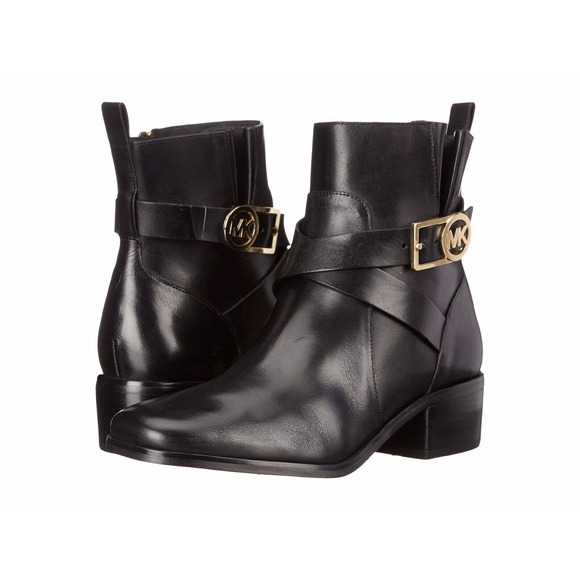 Michael Kors BRYCE Ankle Bootie Buckled Leather Boots Black 6/6.5 New $245 - Picture 2 of 7